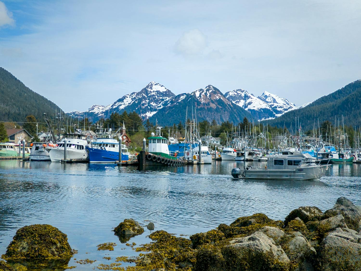 Boats in a calm Alaskan bay